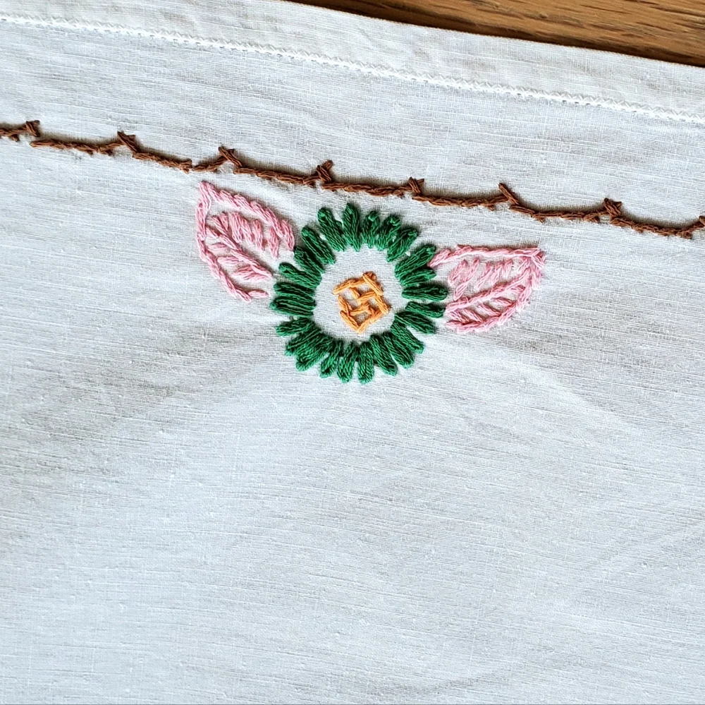 Vintage Handcrafted Needlepoint Flowers Table Runner, Crochet Edge, 37